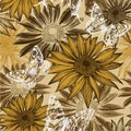 Seamless pattern with blooming sunflowers and flyi
