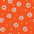 Seamless pattern with blossom daisies floral with yellow leaves and little hearts on orange background. Simple flowers and bright