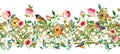 Seamless pattern with blossom garden plants and birds
