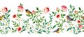 Seamless pattern with blossom garden plants and birds Royalty Free Stock Photo