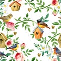 Seamless pattern with blossom garden plants and birds