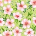 Seamless pattern with blossoming apple tree flowers on green background. Elegance vintage endless texture in watercolor Royalty Free Stock Photo