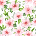 Seamless pattern with blossoming apple tree flowers on white background. Elegance vintage endless texture in watercolor Royalty Free Stock Photo