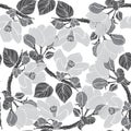 Seamless pattern with blossoming branches of apple tree. Monochrome vector illustration.