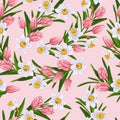 Pattern with flowers daffodils and pink tulips