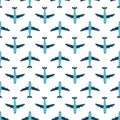 Seamless pattern with blue airplanes. Vector illustration with hand drawn air transport. Flying plane on a white Royalty Free Stock Photo