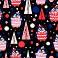 Seamless pattern blue baby penguins in pink, red, white hats and sweaters. Clever child in glasses. Black background. Fir trees.