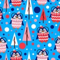 Seamless pattern blue baby penguins in pink, red, white hats and sweaters. Clever child in glasses. Blue background. Fir trees.