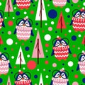 Seamless pattern blue baby penguins in pink, red, white hats and sweaters. Clever child in glasses. Green background. Fir trees.