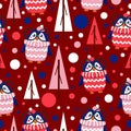 Seamless pattern blue baby penguins in pink, red, white hats and sweaters. Clever child in glasses. Maroon background. Fir trees.
