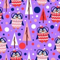 Seamless pattern blue baby penguins in pink, red, white hats and sweaters. Clever child in glasses. Violet background. Fir trees.