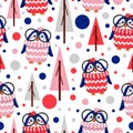 Seamless pattern blue baby penguins in pink, red, white hats and sweaters. Clever child in glasses. White background. Fir trees.