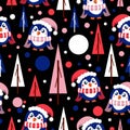 Seamless pattern with blue baby penguins wearing pink, red and white hats and scarfs. Black background. Fir trees and snow. Merry Royalty Free Stock Photo