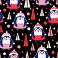 Seamless pattern with blue baby penguins wearing pink, red and white sweaters, hats and skirts. Black background. Fir trees. Merry Royalty Free Stock Photo