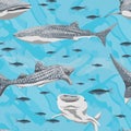 Seamless pattern with blue background, fishes and whale sharks Rhincodon typus in different angles.