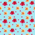 Seamless pattern on a blue background watercolor tropical flowers of hibiscus and plumeria. Royalty Free Stock Photo