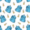 Seamless pattern. blue backpack. gold compass. white background. Hand drawing. Vector illustration. cartoon style. Royalty Free Stock Photo