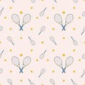 Seamless pattern with blue beautiful tennis rackets decorated with ornaments and tennis balls.Equipment for tennis on court.For