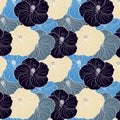 Seamless pattern, blue and beige hibiscus flowers with white outline. Retro print, textile, background vector Royalty Free Stock Photo