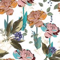 Seamless pattern with blue berries branch with leaves, herbs and brown tulips flowers.