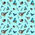 Seamless pattern of blue birds, butterflies, bumblebees and branches. Isolated Elements are drawn by hand with watercolor and ink Royalty Free Stock Photo