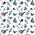 Seamless pattern of blue birds, butterflies, bumblebees and branches. Royalty Free Stock Photo