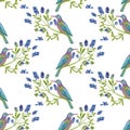 Seamless pattern with blue birds and flowers painted in watercolor on a white background. Royalty Free Stock Photo