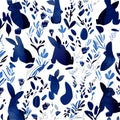 Seamless pattern with blue bunnies on a white background AI Generated