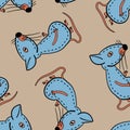 Seamless pattern with blue cartoon mouse on a flesh-coloured background