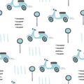 Seamless pattern with blue cartoon scooter. Vector road illustration