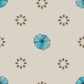 Seamless pattern of blue chicory flowers and coffee beans on a beige background.