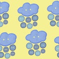 Seamless pattern with a blue cloud and a rain of sewing buttons on a yellow background and pastel shades. Hand-drawn in gouache on