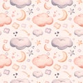 Seamless pattern with blue clouds, gold stars and moons. Watercolor hand drawn kids illustration. white isolated nursery