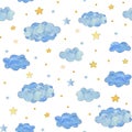 Seamless pattern with blue clouds and yellow stars, baby background Royalty Free Stock Photo