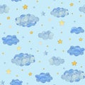 Seamless pattern with blue clouds and yellow stars, baby background Royalty Free Stock Photo