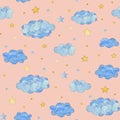 Seamless pattern with blue clouds and yellow stars, baby background Royalty Free Stock Photo