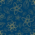 Seamless pattern of blue color with the image of flowers and leaves drawn by hand. A pattern drawn in pencil. Floral