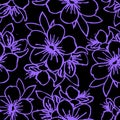 seamless pattern of blue contours of flowers on a black background, texture