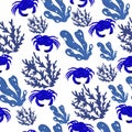 Seamless pattern of blue crabs, seaweeds and corals. Vector graphics