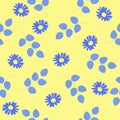 Seamless pattern blue daisies flowers, leaf on yellow background. Floral repeat girly print, vector eps 10 Royalty Free Stock Photo