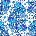 Seamless pattern blue decorative oriental flowers. Vector