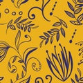 Seamless pattern with blue doodle plants, flowers, leaves, and branches on orange background. Linen, print, packaging, wallpaper, Royalty Free Stock Photo