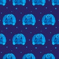 Seamless pattern with blue eastern rabbit on dark board. Hand drawn picture. Watercolor texture. Funny and cute bunny