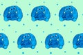 Seamless pattern with blue eastern rabbit on mint board. Hand drawn picture. Watercolor texture. Funny and cute bunny