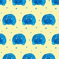 Seamless pattern with blue eastern rabbit on yellow board. Hand drawn picture. Watercolor texture