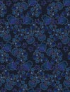 Seamless pattern with blue fantasy flowers, berries, leaves and paisley on dark background. Crayons drawing style. Ethnic motifs.