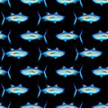 Seamless pattern with blue fishes on a black background. Watercolor illustration with cute tuna. For fabric, wallpaper or wrapping
