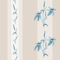 Seamless pattern of blue flowers on a beige background with vertical stripes. Watercolor Royalty Free Stock Photo