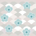 Seamless pattern blue flowers japanese cherry blossoms on gray beige white background. Asian simple ornament, oriental style Royalty Free Stock Photo