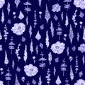 Seamless pattern with blue flowers, lavender and mimosa branches, watercolor illustration Royalty Free Stock Photo